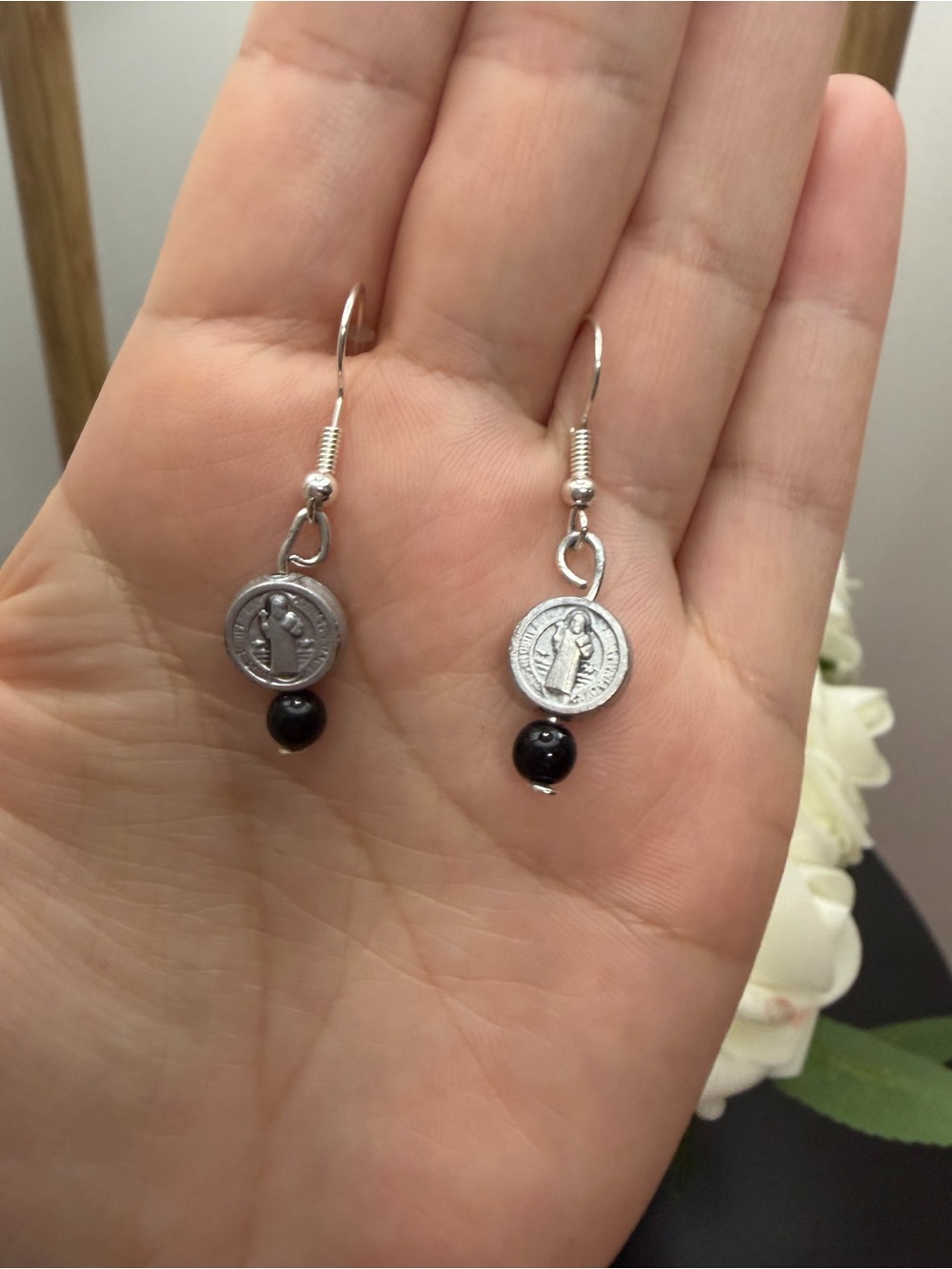 Silver -Color Religious Medal Drop Earrings with Black Bead